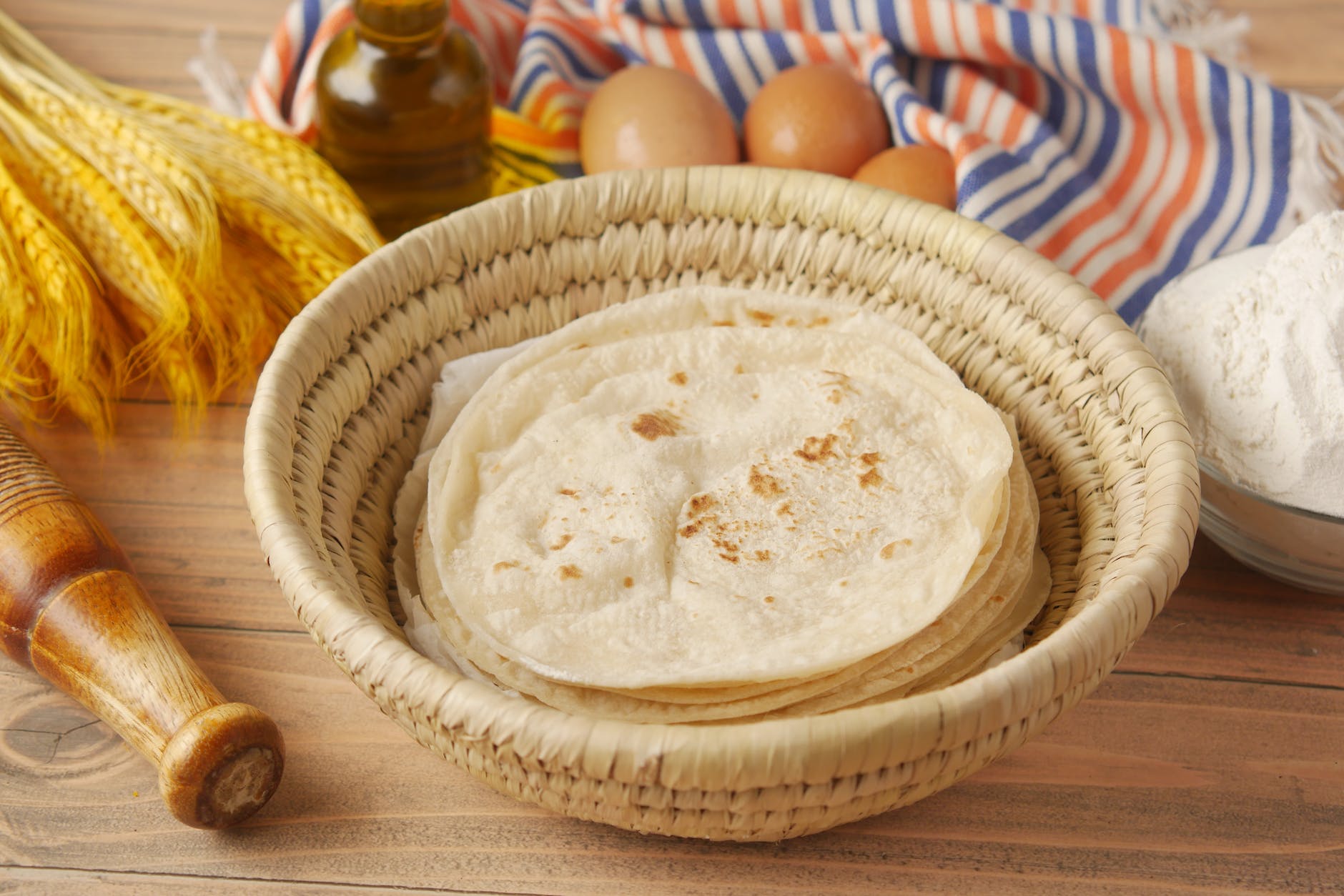 chapati bread on a woven basket